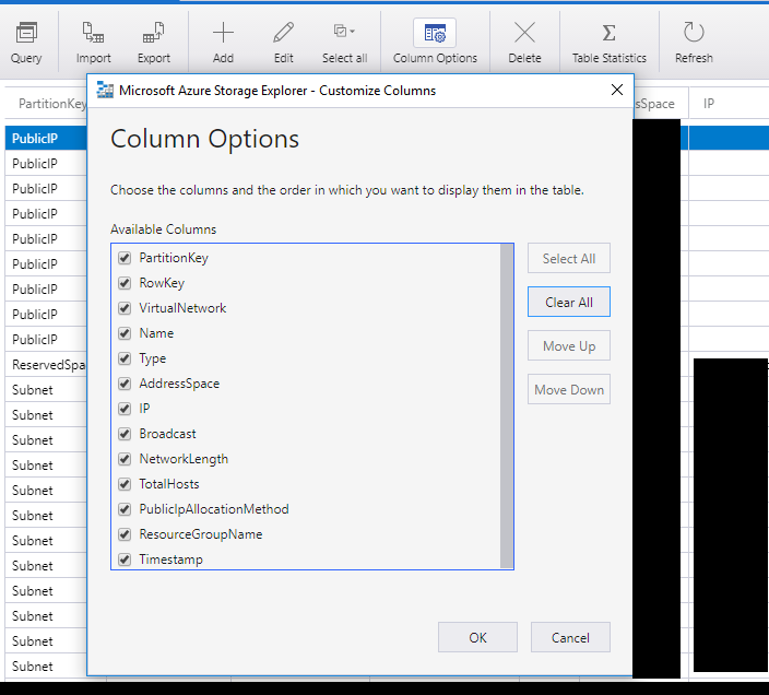 column options sorted