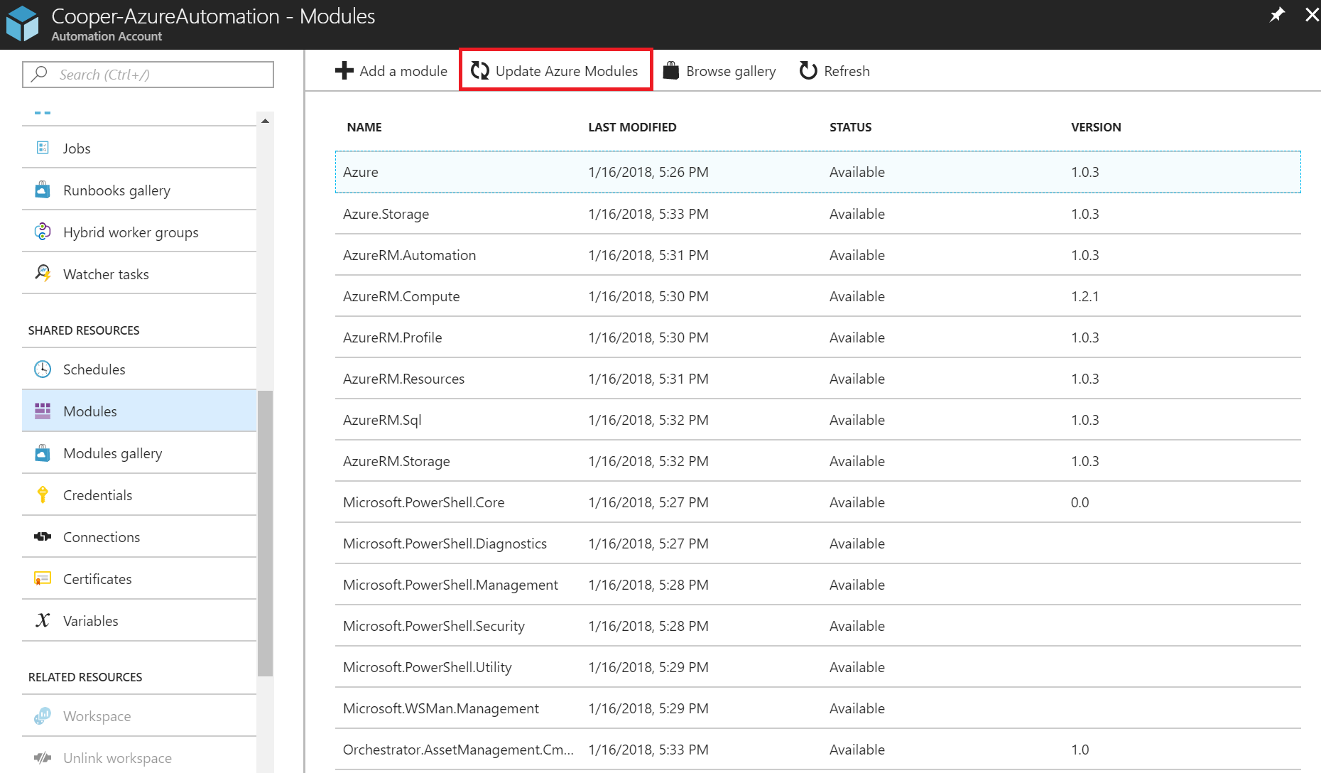 add Automation Account modules